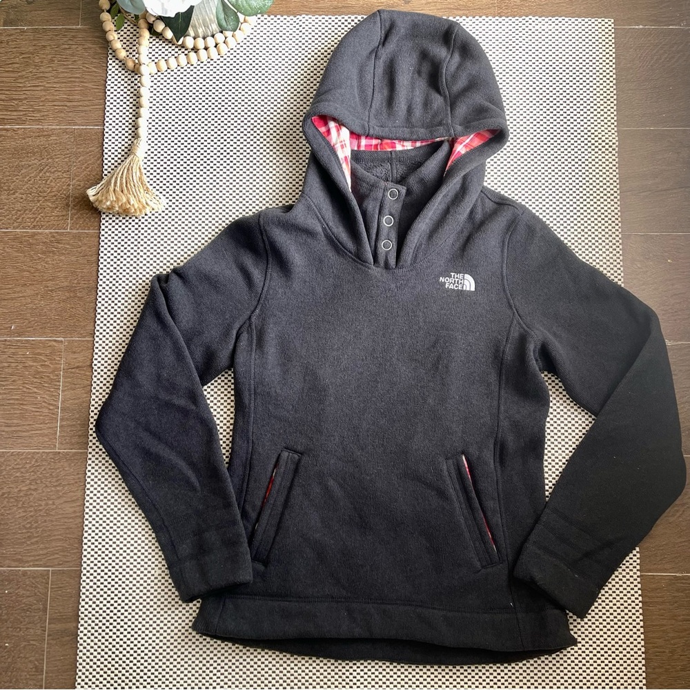 North Face Gray Button Neck Pullover Sweater w/ Pink White Plaid Hood Size Small
